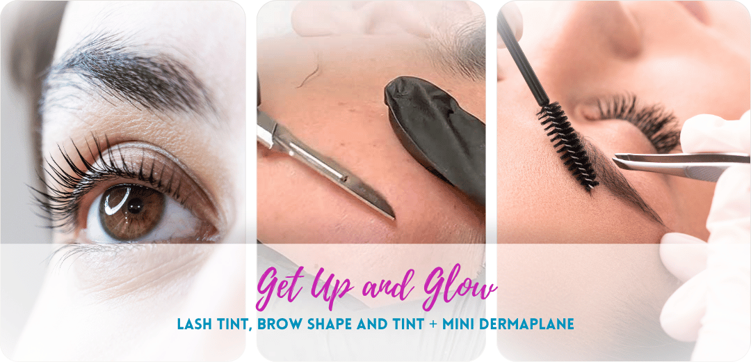 Client enjoying Beautylicious Get Up and Glow treatment in Horsham salon — includes brow shape, lash tint and mini dermaplane facial
